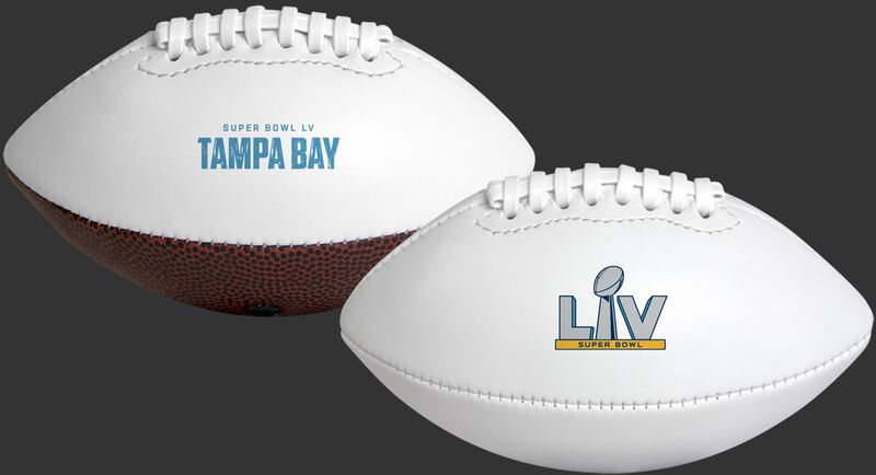 A white 2021 Road to Super Bowl 55 youth size football with the Super Bowl logo on one side and "Tampa Bay" on the other