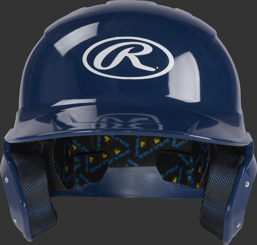 Front of a navy MCH01A Rawlings Mach helmet with an Oval R logo