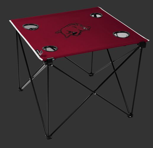 A red NCAA Arkansas Razorbacks deluxe tailgate table with four cup holders and team logo printed in the middle SKU #00713069111