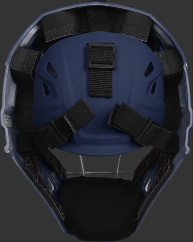 Adjustable back plate of a navy CHV27J Velo 2.0 hockey style catcher's mask