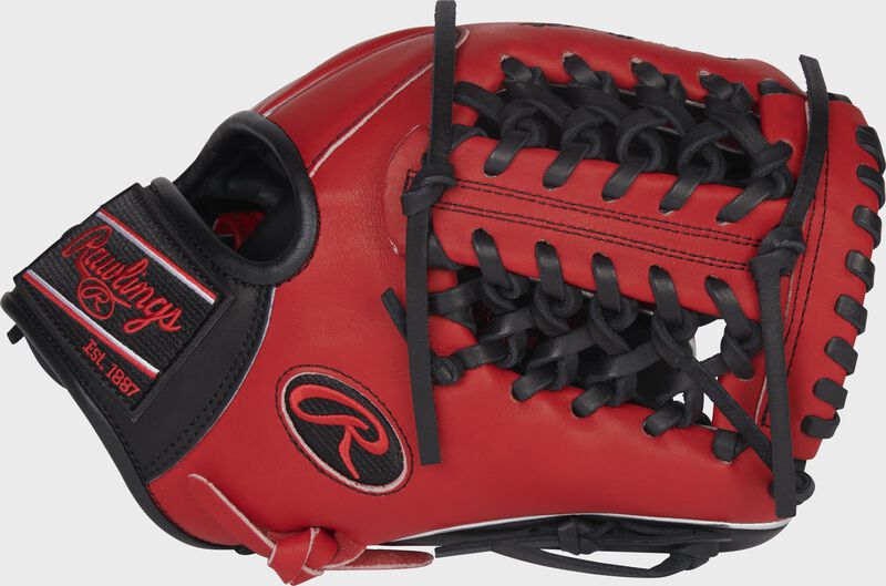 Thumb of a scarlet/black Heart of the Hide 11.5" Hyper Shell infield/pitcher's glove with a scarlet Modified Trap-Eze web - SKU: PROR204-4BCF