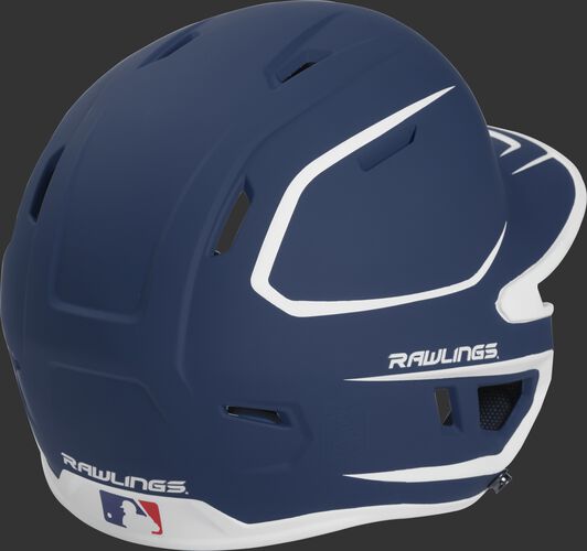 Back right of a two-tone matte navy/white MACHEXTR Rawlings junior size batting helmet