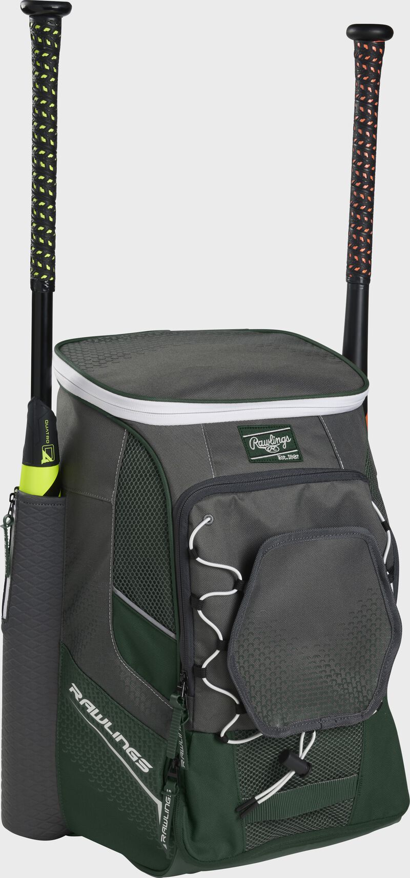 Front left angle of a dark green Rawlings Impulse baseball gear backpack with two bats - SKU: IMPLSE-DG loading=