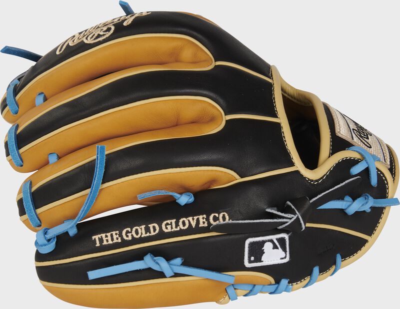Back of a black/tan Heart of the Hide R2G 11.75" infield glove with the MLB logo on the pinky - SKU: PROR315-2TB