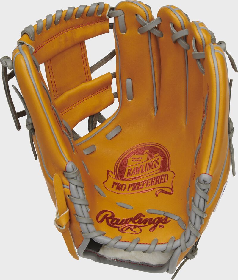 Palm of a rich tan Rawlings Pro Preffered infield glove with a scarlet palm stamp and gray laces - SKU: PROS315-2RT