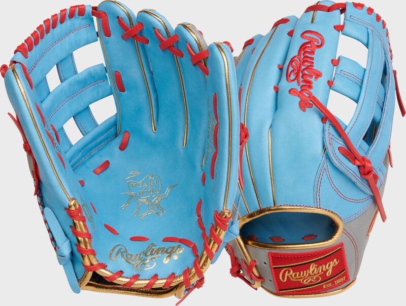 2 images showing the back & palm of a Columbia blue/gray Heart of the Hide R2G outfield glove - SKU: PROR3039-6CBG