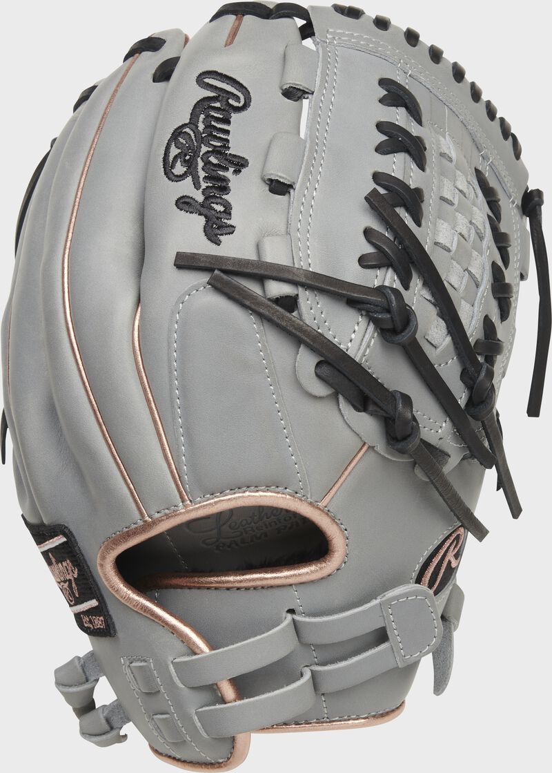Back of a gray Liberty Advanced 12.5-Inch basket web glove with a pull strap back - SKU: RLA125-18GRG