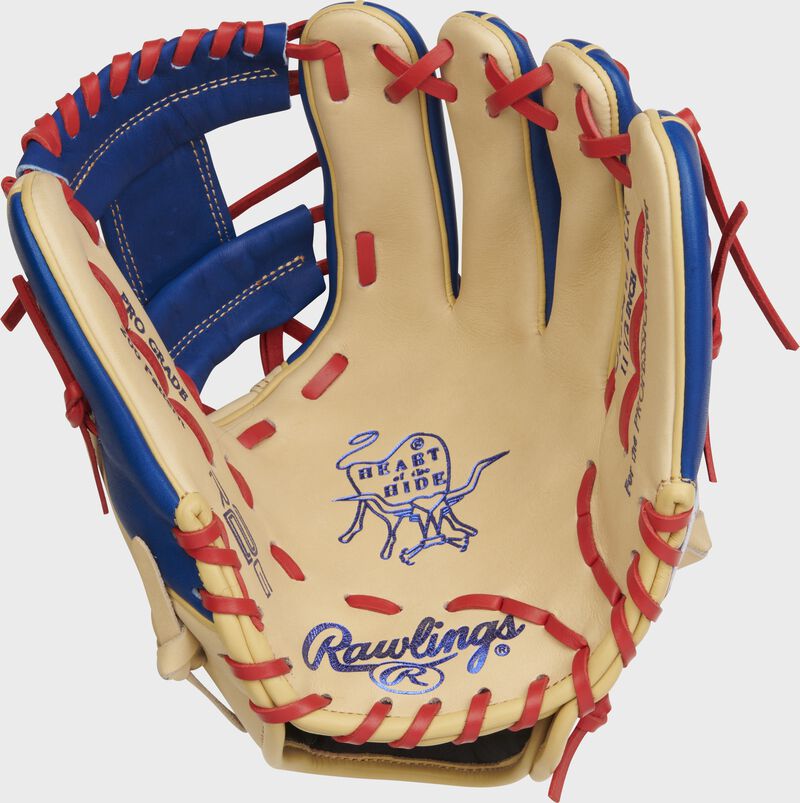 Camel palm of a Rawlings Heart of the Hide R2G infield glove with blue stamping and red laces - SKU: PROR204W-2CR