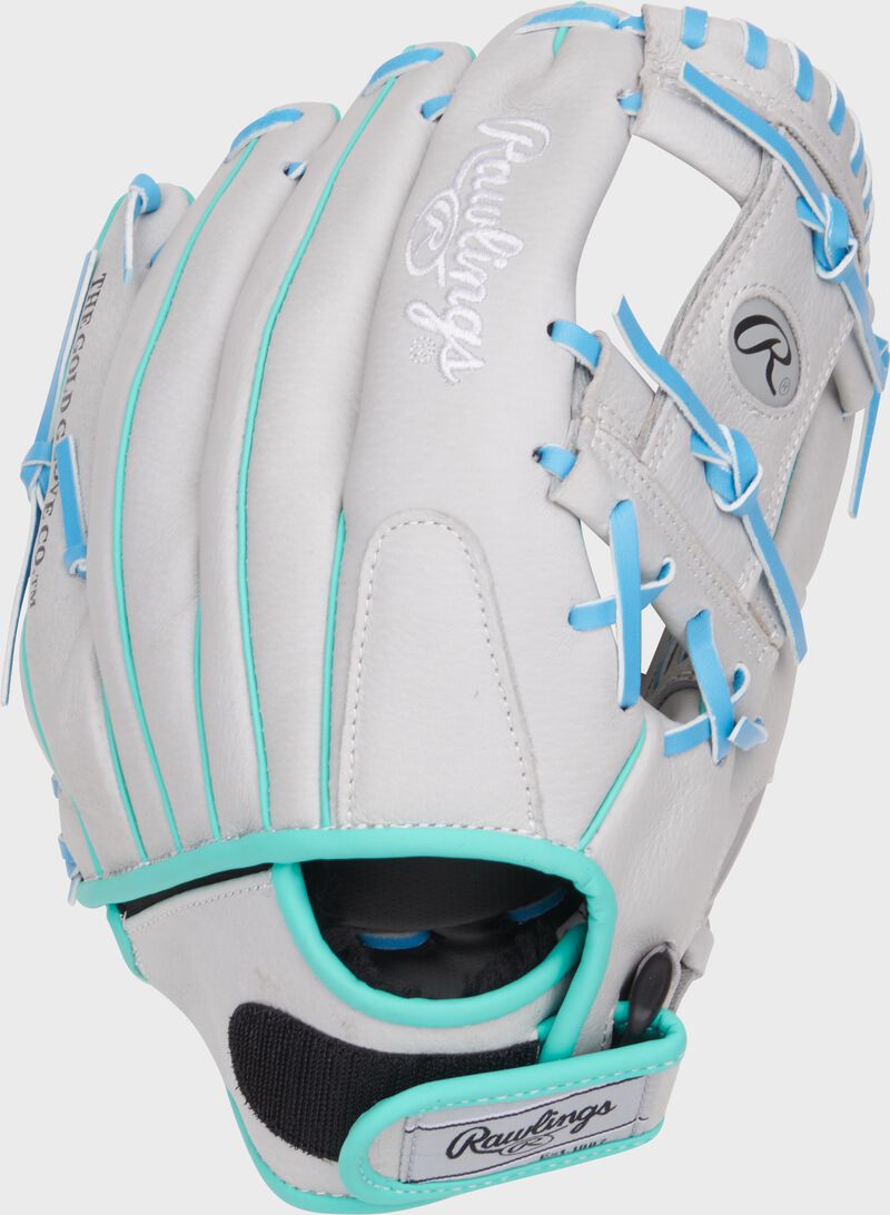 Back of a gray Sure Catch Francisco Lindor glove with a Velcro strap back