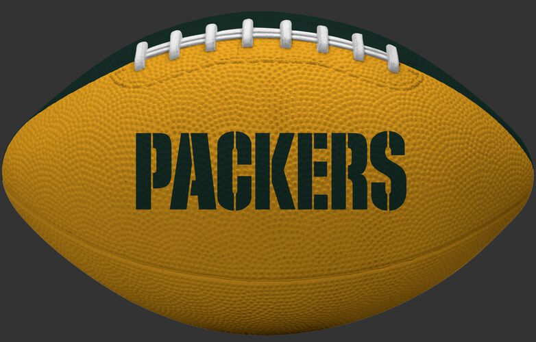 Yellow side of a Green Bay Packers rubber Gridiron football with team name SKU #09501068122
