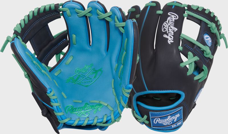 Two images showing the palm & back of a columbia blue/navy Exclusive Rawlings NXT Series 11.5" Infield Glove