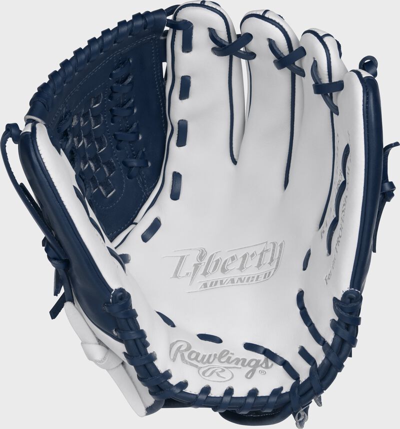 Palm view of a white RLA125-18WN Rawlings 12.5-inch softball glove with a white palm and navy laces