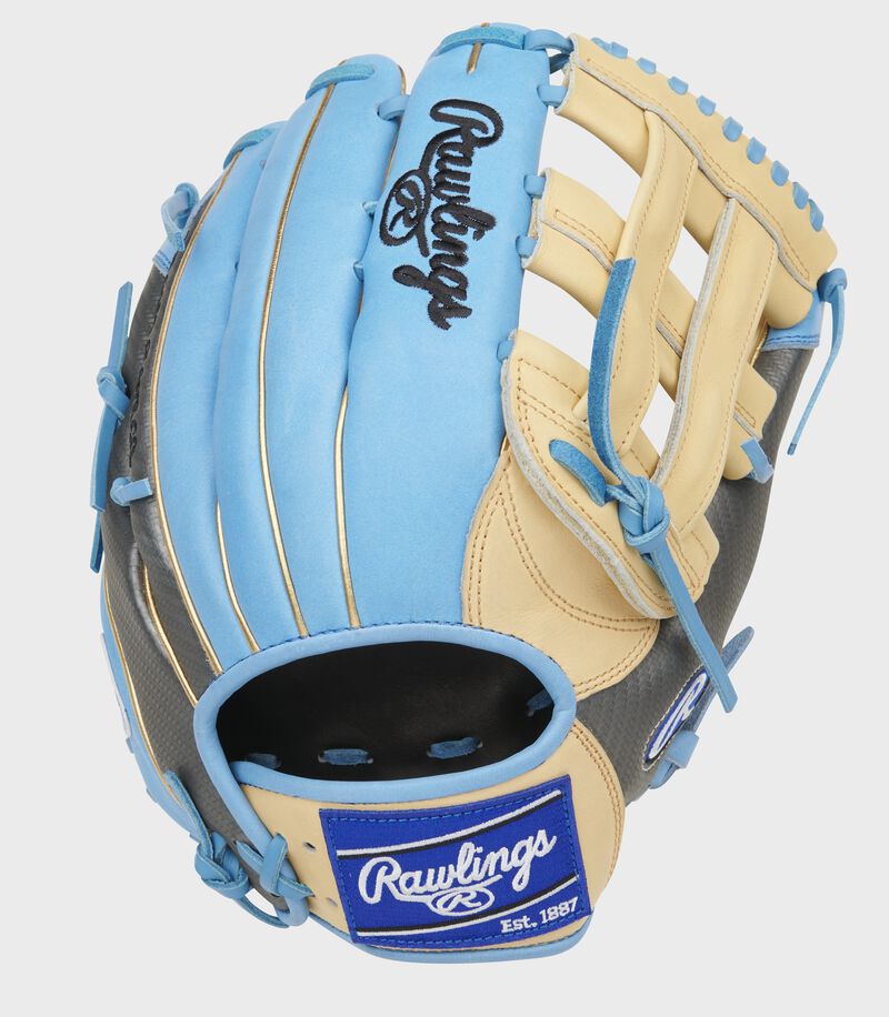 Columbia blue back of a Heart of the Hide 13-Inch H-web glove with a royal Rawlings patch - SKU: PROBH3-6CCBG