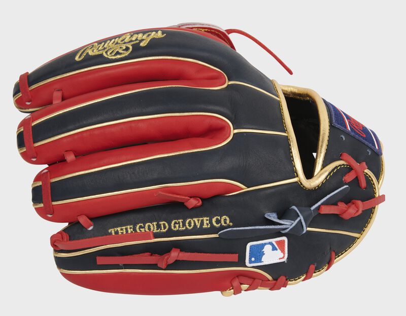 Navy/scarlet finger backs of a Heart of the Hide H-web infield glove with the MLB logo on the pinkie - SKU: PRO315-6NS