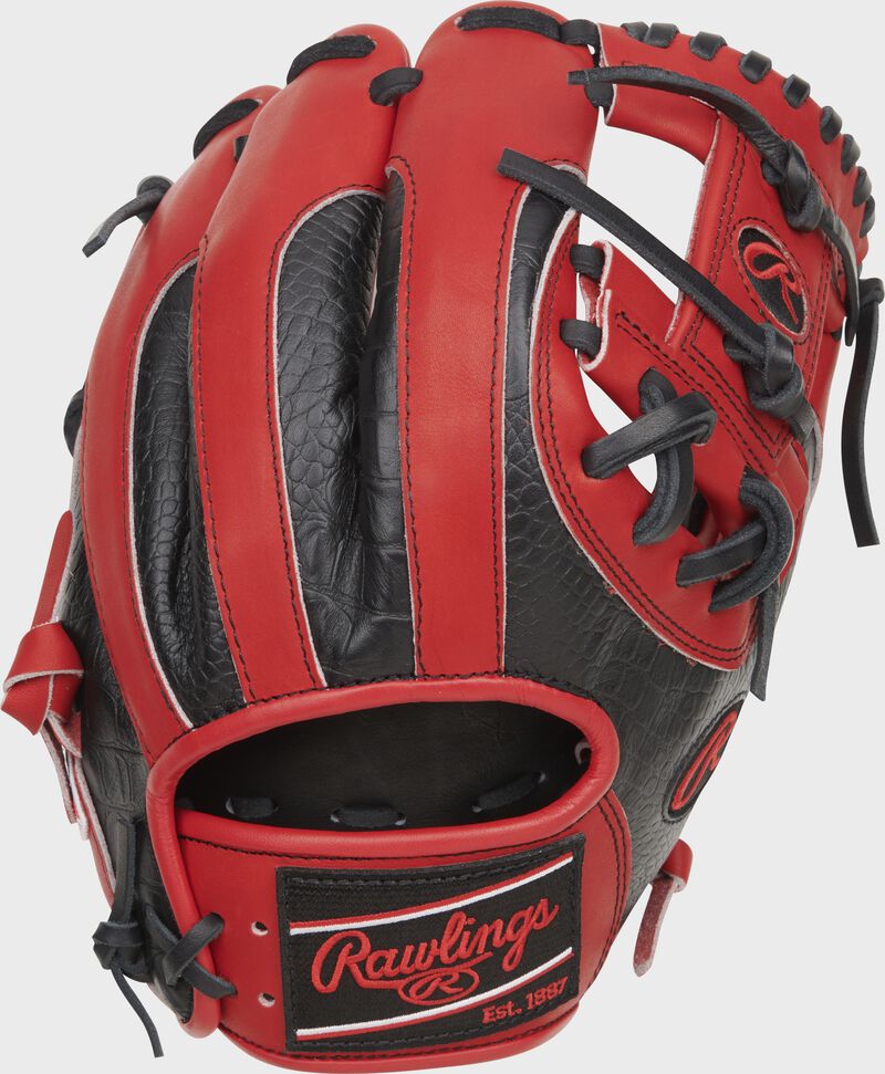 Scarlet/black croc back of a Heart of the Hide ColorSync 8.0 11.5" I-web glove with a black/scarlet Rawlings patch - SKU: PRO204-2SBC