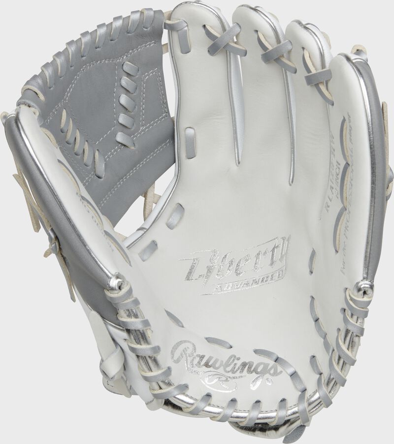 White palm of a Rawlings Liberty Advanced fastpitch softball glove with platinum laces - SKU: RLA120-31WSS
