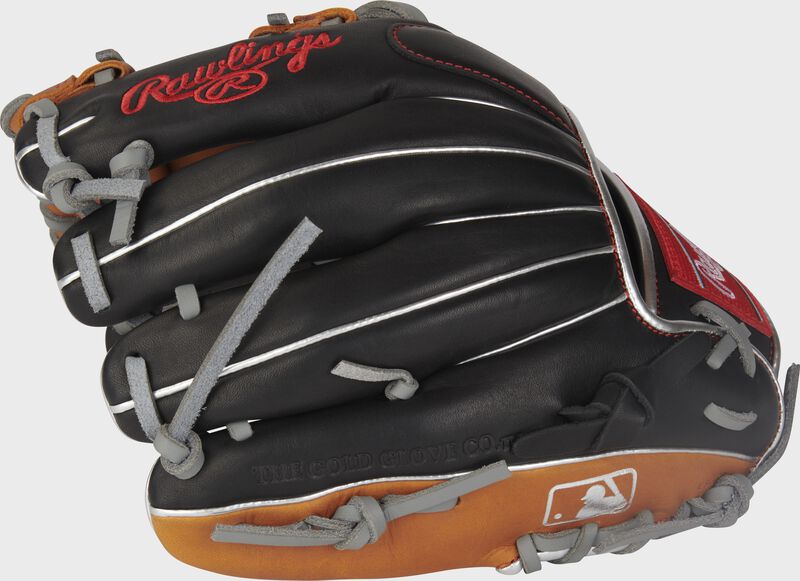 Back of a black/tan R9 ContoUR 11.25" infield glove with the MLB logo on the pinky - SKU: R9125U-2BT loading=