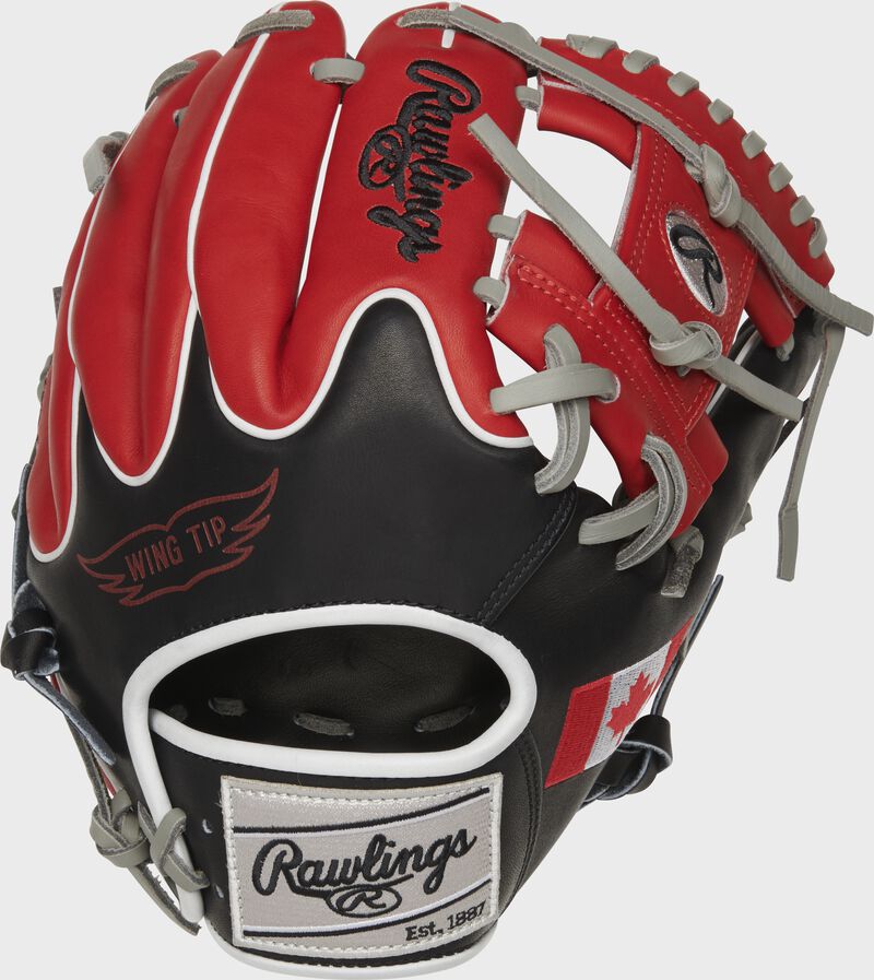 Back of a PRO204W-2CA 11.5-Inch Canadian Heart of the Hide glove with scarlet fingers and black wing-tip back