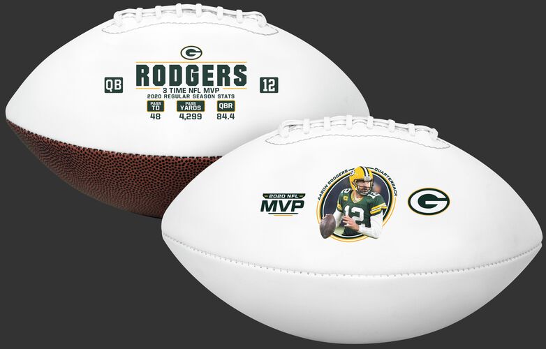 Two views showing both sides of an Aaron Rodgers 2020 NFL MVP full size football - SKU: 35341255111