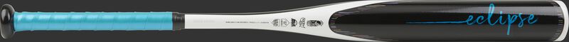 Barrel of a white/black FPZE12 Rawlings 2020 Eclipse fastpitch softball bat with blue grip