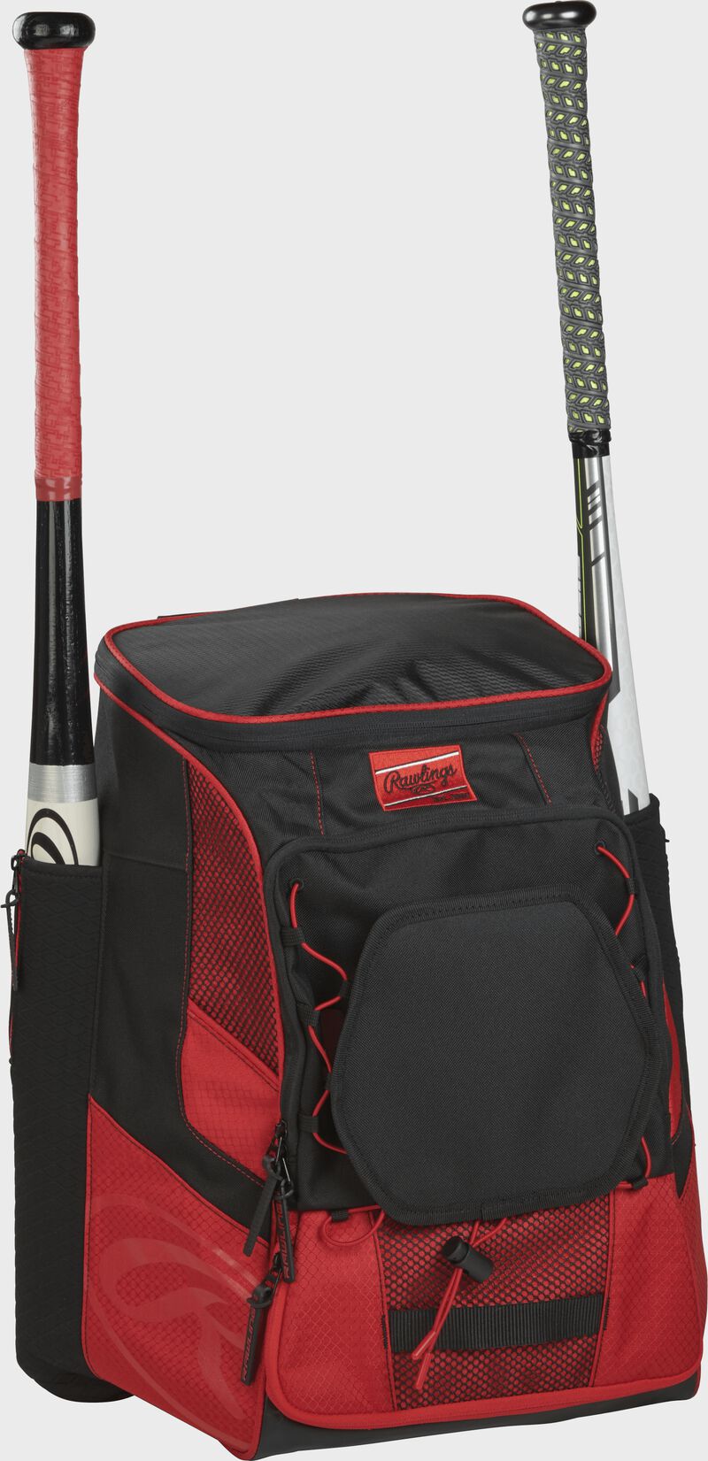 Front right of a scarlet/black R600 Rawlings players bag with two bats and Oval R printed on the bottom panel