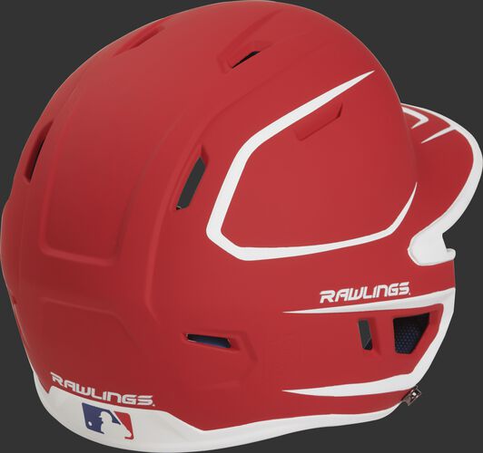 Back right of a two-tone matte scarlet/white MACHEXTR Rawlings junior size batting helmet