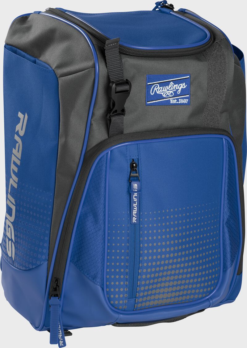 Front left angle of a royal Rawlings Franchise bag with gray accents - SKU: FRANBP-R