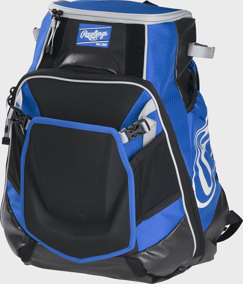 Front left of a royal VELOBK Rawlings Velo equipment backpack with an Oval R logo on the side compartment
