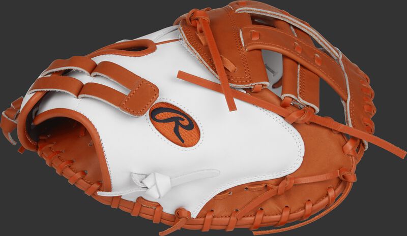 Thumb view of a white RLACM33FPWO Liberty Advanced color series 33-inch catcher's mitt with orange trim and Modified H web