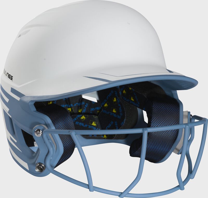Front right-side view of Rawlings Mach Ice Softball Batting Helmet, Columbia Blue - SKU: MSB13 image number null