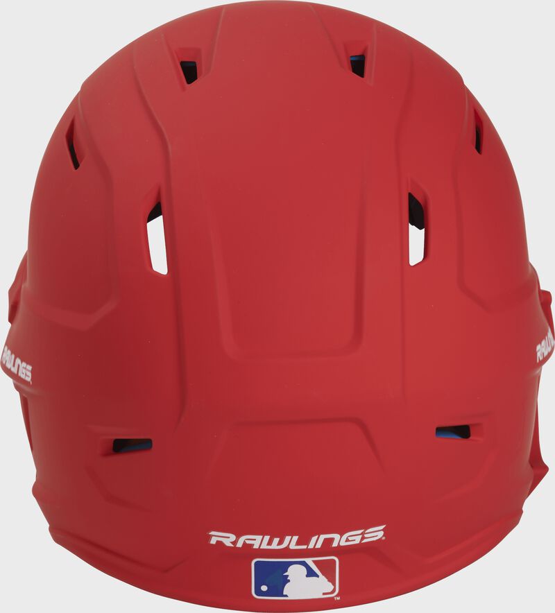 Back of a MACHEXTL high performance junior MACH helmet with a matte scarlet shell and Official Batting Helmet of MLB logo loading=