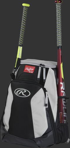 Left side of a black/white R500 baseball backpack with a red bat in the side sleeve