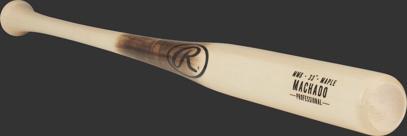 3/4 angle of a MM8PL maple Manny Machado bat with a natural wood color barrel