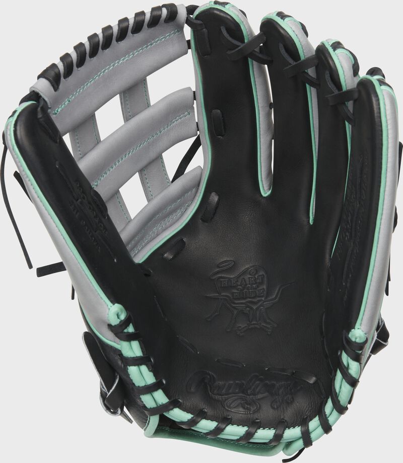 Shell palm view of black, mint, and gray 2021 Heart of the Hide Hyper Shell outfield glove