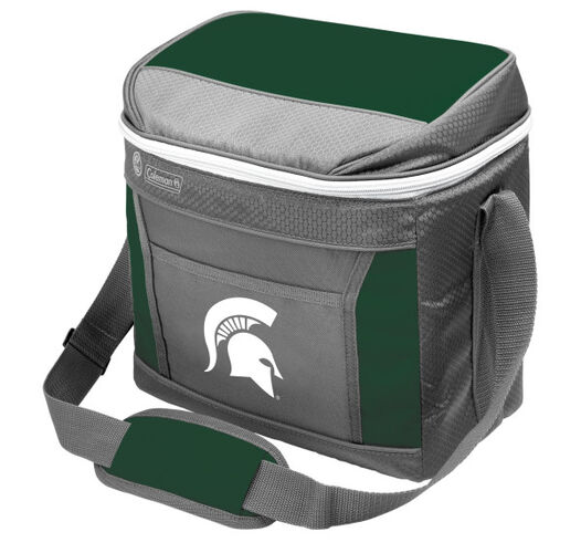 A grey NCAA Michigan State Spartans 9 can cooler with green accents and team logo printed on the front