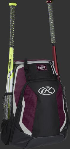 Right side of a black/maroon R500 Rawlings baseball backpack with a white bat in the bat sleeve