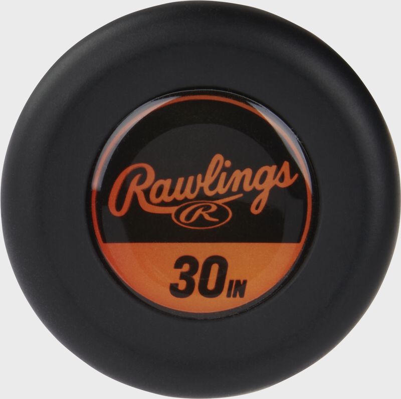 Knob of a Rawlings Threat USA bat with an orange sticker - SKU: RUS4T12
