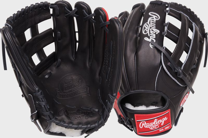 2 images showing the palm and back of a black Corbin Carroll Pro Preferred outfield glove - SKU: PROS3039-CC7