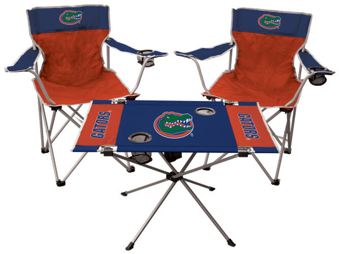Front of Rawlings Blue and Orange NCAA Florida Gators 3-Piece Tailgate Kit With Two Kickoff Chairs, An Endzone Table, And A Transport Bag With Team Logo SKU #00993022511