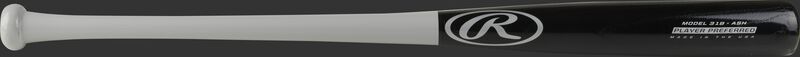 A 2021 Player Preferred 318 Ash wood bat with a black barrel, grey handle, & grey logos - SKU: 318RAW