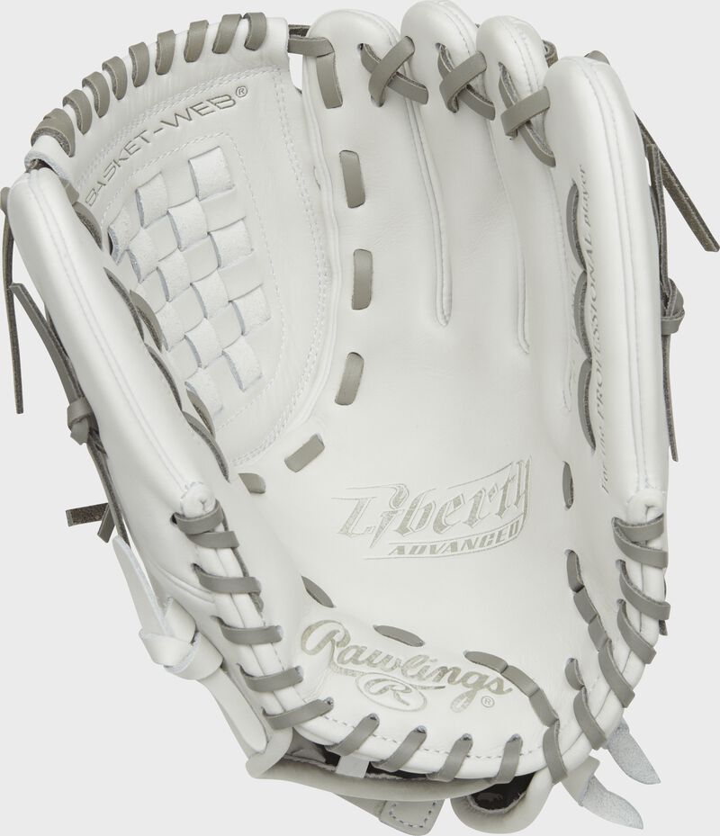 Shell palm view of white and red Liberty Advanced 12-inch softball glove loading=