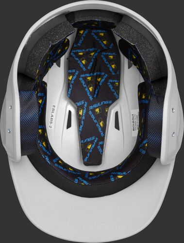 Inside of a matte white MCH07A Rawlings Mach helmet with black foam padding