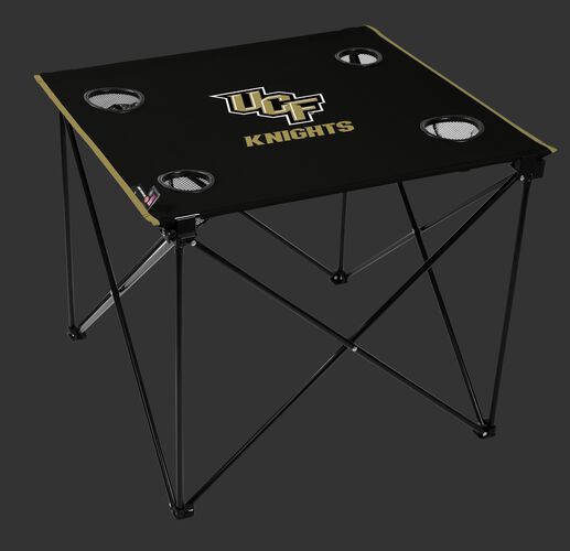 A black NCAA UCF Knights deluxe tailgate table with four cup holders and team logo printed in the middle SKU #00713129111