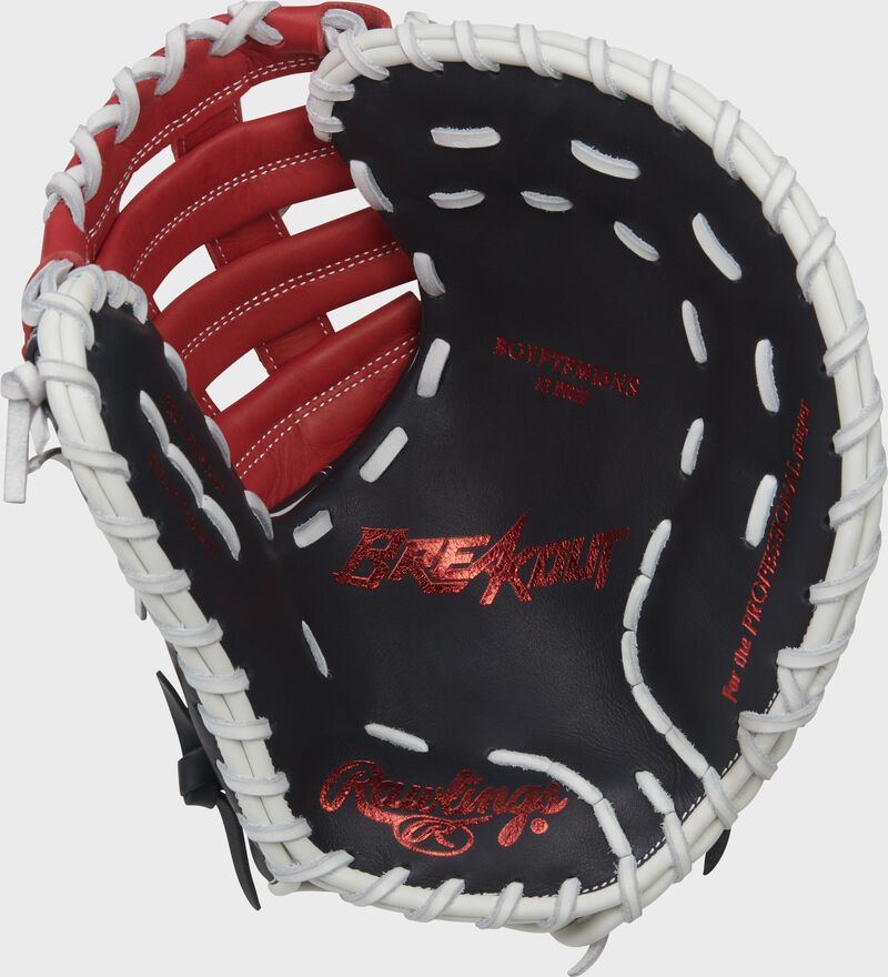 Navy palm of a Rawlings Breakout youth first base mitt with a red palm stamp and white laces - SKU: RSGBOYPTFM1NS