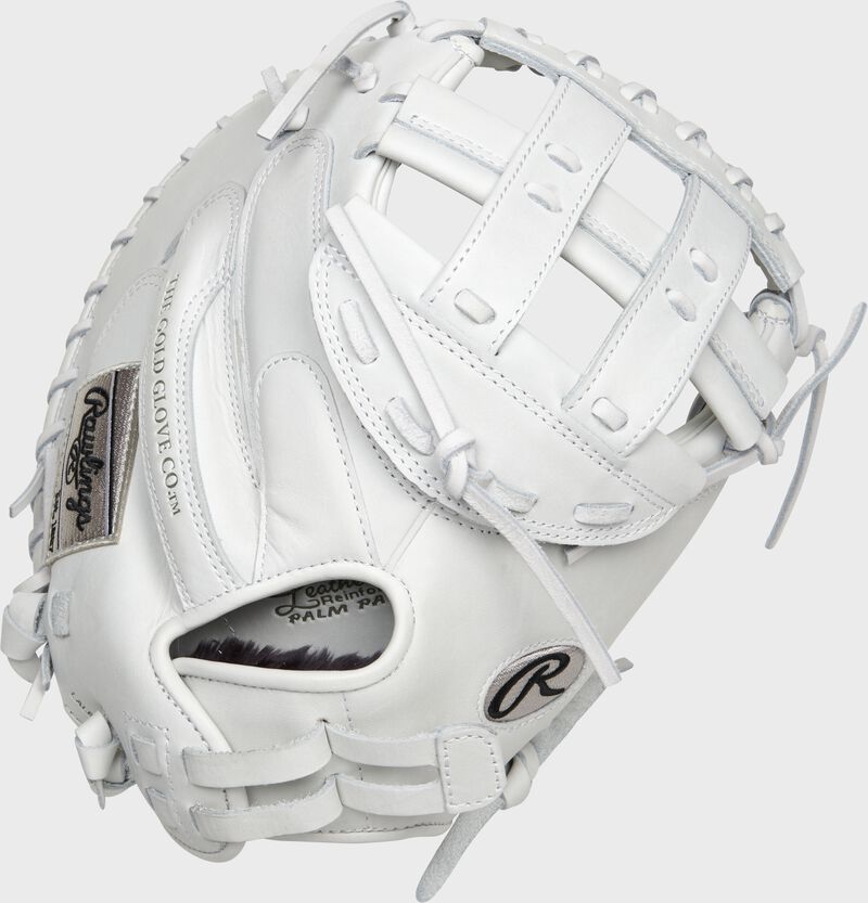 Back of a white Liberty Advanced 34-Inch catcher's mitt with a pull-strap back - SKU: RLACM34W-3/0 loading=