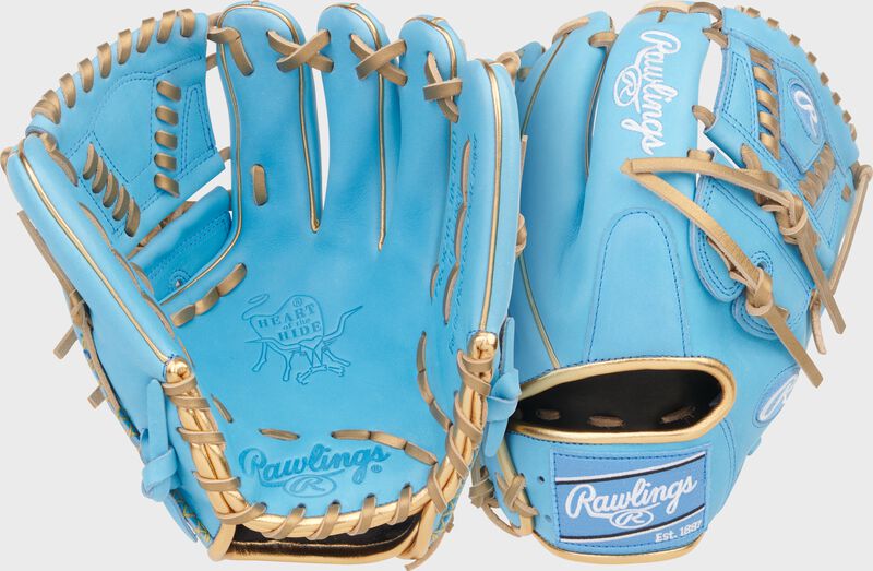 Two images showing the palm & back of a Columbia blue exclusive Heart of the Hide 11.75" infield/pitcher's glove