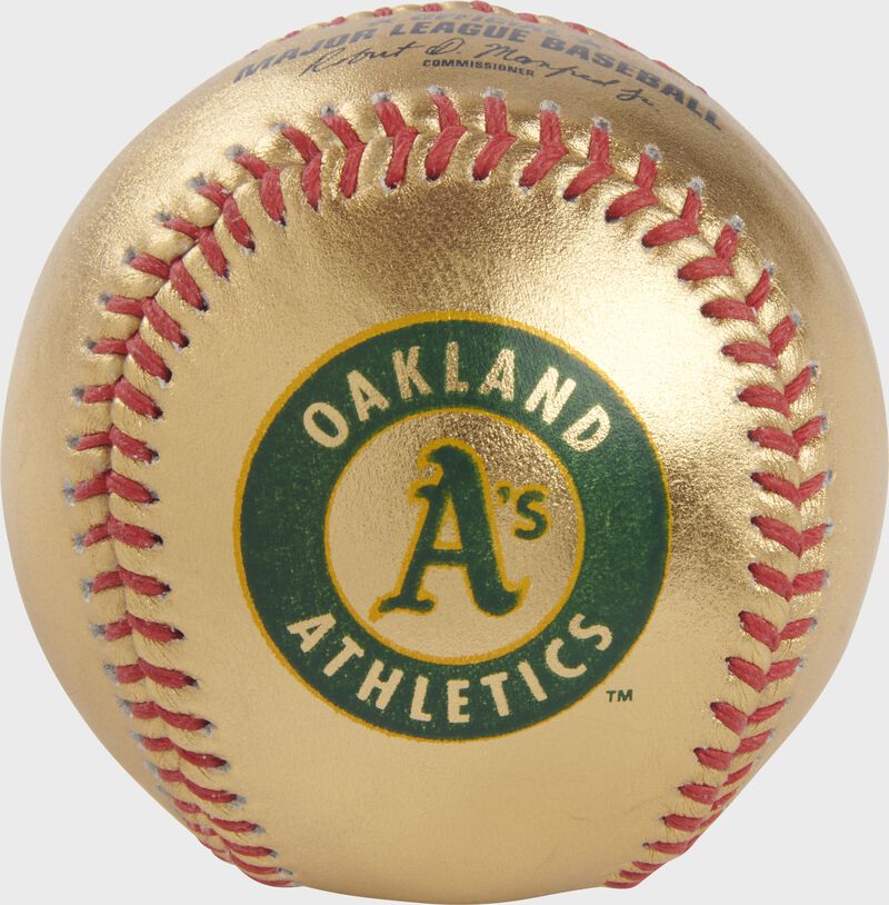 A's logo on a gold MLB baseball with red stitches - SKU: RSGEA-GOLDOAK-R
