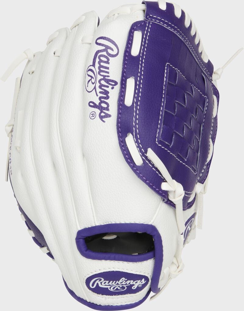 Back of a white/purple Players Series 10" youth glove with a purple Rawlings logo on the wrist