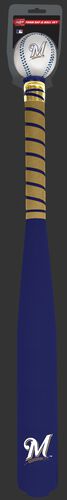 Front of Rawlings Milwaukee Brewers Foam Bat and Ball Set in Team Colors With Team Name and Logo On Front SKU #01860006111