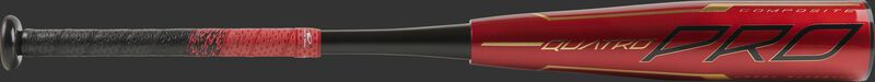 Barrel of a red UTZQ12 Rawlings 2020 Quatro Pro USSSA bat with black/gold accents